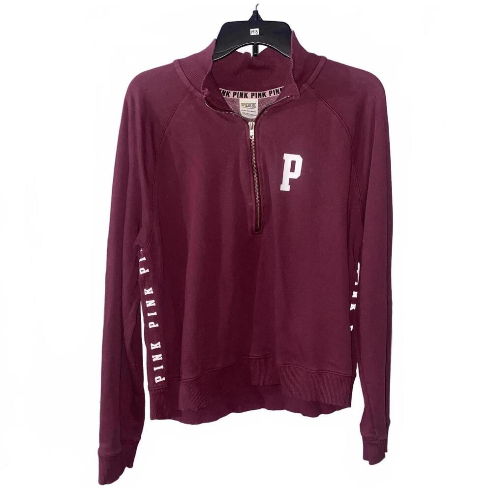 PINK Victoria’s Secret Burgundy Quarter Zip Pullover Size XS Logo Sleeve Top - Picture 2 of 4